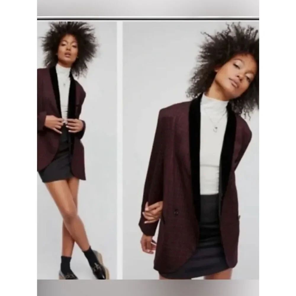 Free People Oversized Plaid Velvet Trim Blazer burgundy and black color Small
